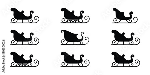 set of Christmas sleight  icon. Christmas sleight icon. Collection of nine black silhouette Christmas sleighs arranged in a grid pattern on a white background