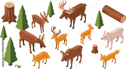 Isometric illustration of woodland animals including deer, foxes, wolf and pine trees in natural forest environment with tree stumps