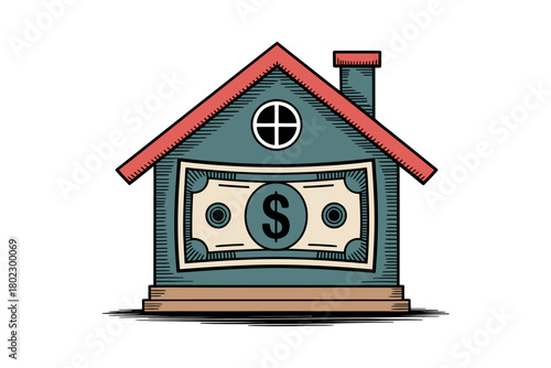 A house illustration with a dollar bill visible inside the window represents the concept of home equity.
