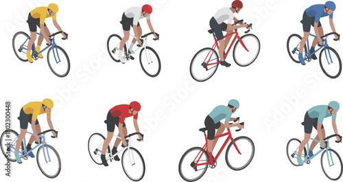 Isometric illustration set of cyclists riding racing bicycles with helmets, colorful outfits, modern bikes and aerodynamic riding posture