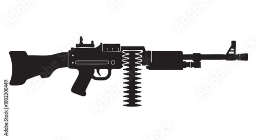 Iconic silhouette of a heavy-duty automatic weapon, resembling a machine gun, ideal for designs related to military themes, security, defense, or conflict scenarios