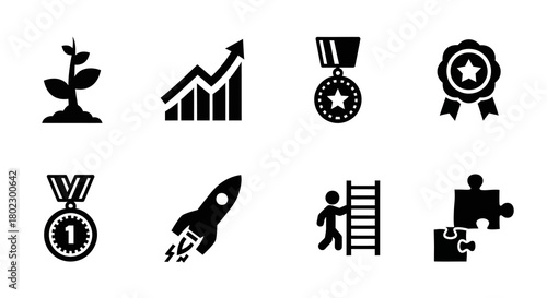 Achievement and growth: icons representing success, progress, recognition and teamwork