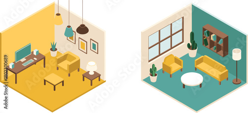 Isometric interior illustration showing modern living room and home office with furniture, computer desk, plants,