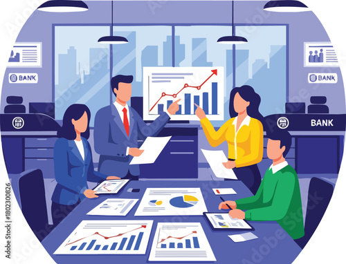 Illustration of a diverse group of business professionals discussing financial data in a modern bank office with cityscape view.