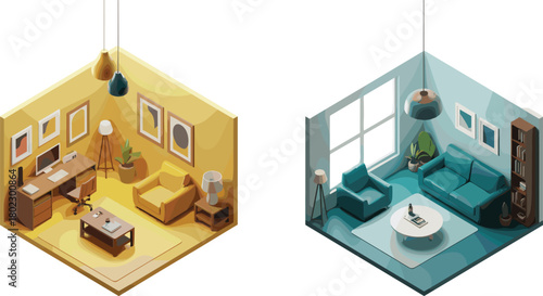 Isometric interior illustration showing modern living room and home office with furniture, computer desk, plants,