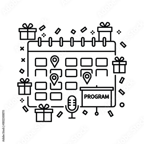 Event planning calendar schedule with program details, location pins, gift boxes, and microphone icon for celebrations