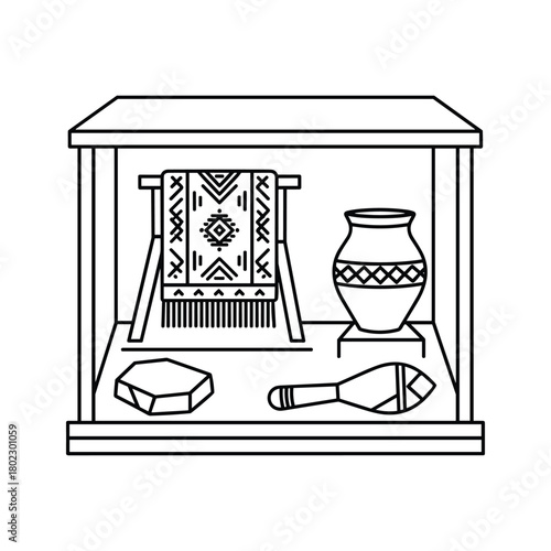 Historical cultural artifacts in museum display case, featuring ethnic patterned rug, pottery, and tools line art