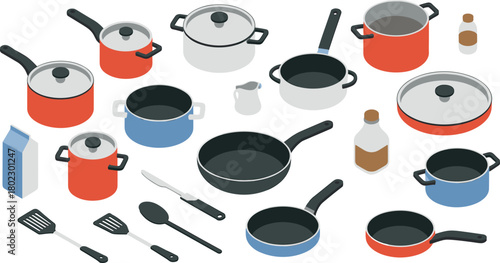 Isometric kitchen cookware and utensils illustration showing pots, pans, knives, spatula, and cooking tools for home kitchen and restaurant concept