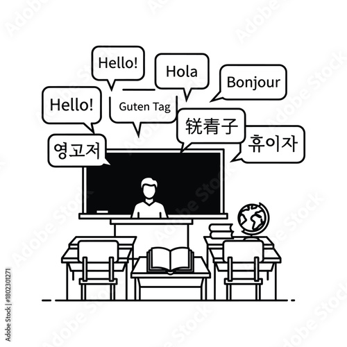 Global language education classroom scene with teacher and diverse international greetings in speech bubbles, learning concept.