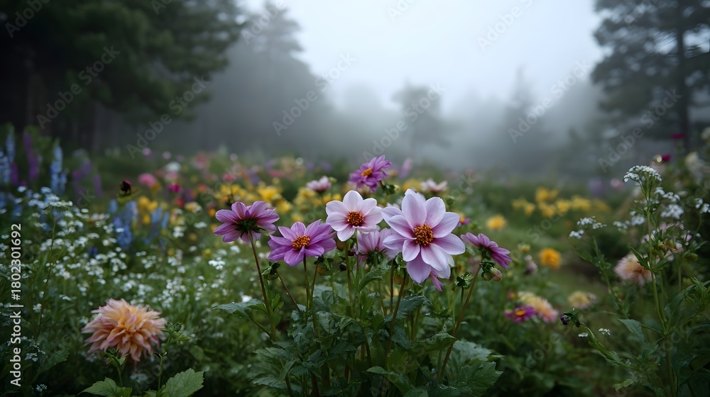 Obraz premium A misty morning reveals a vibrant diverse flower garden with colorful blooms creating a serene natural landscape