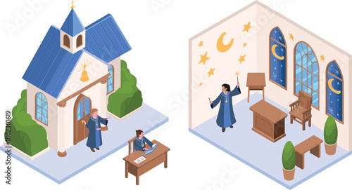 Cartoon wizard Isometric magical school illustration showing students practicing wizardry in classroom and outside building with books