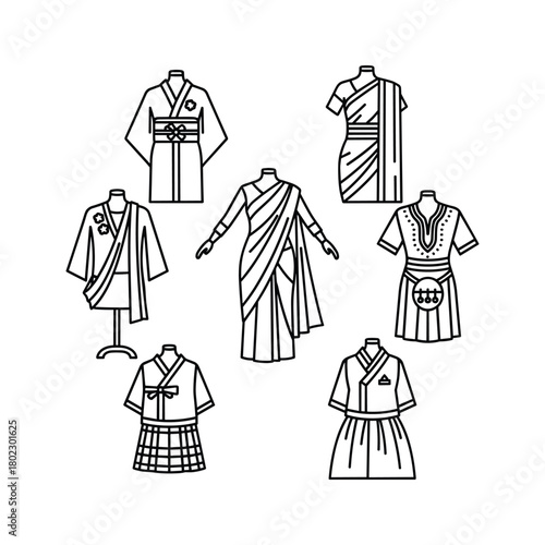 Global traditional costumes vector illustration set, featuring diverse cultural garments on mannequins, line art.