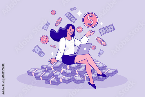 Achieve financial freedom with this online business concept. A happy woman sits on stacks of money using a laptop, illustrating passive income success and wealth from digital work.