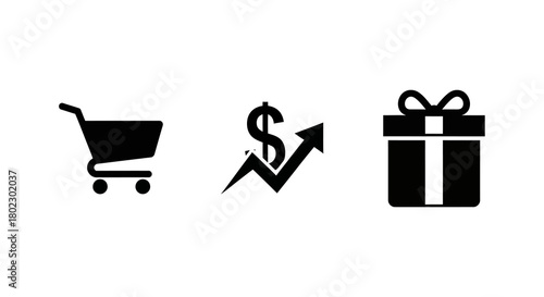 Black silhouette icons of shopping cart, dollar growth, and gift box