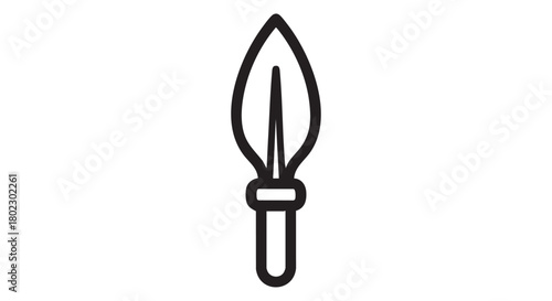 Black and white outline icon of a classic spearhead, an ancient tool for hunting and a symbol of strength and battle