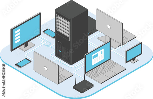 isometric network server computer system illustration, data center technology connection with laptops desktop router and smartphone, cloud computing digital communication infrastructure