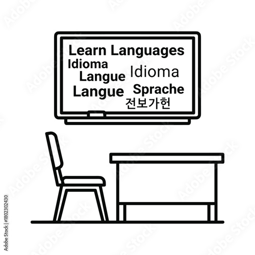 Language learning classroom with whiteboard displaying various international words for 'language', desk, and chair