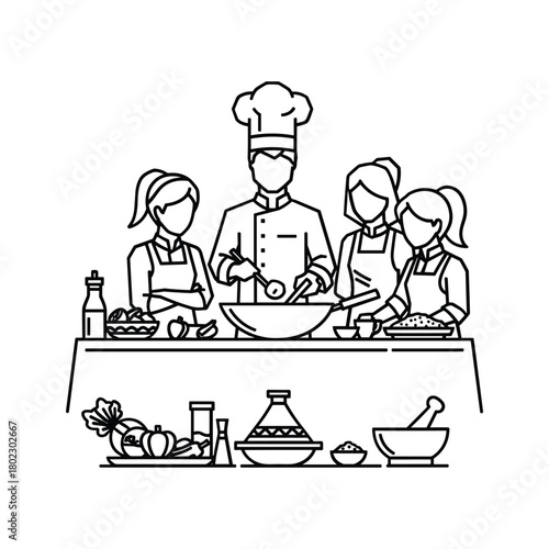 Chef leading a cooking class with students, preparing healthy meals and learning culinary skills outline illustration