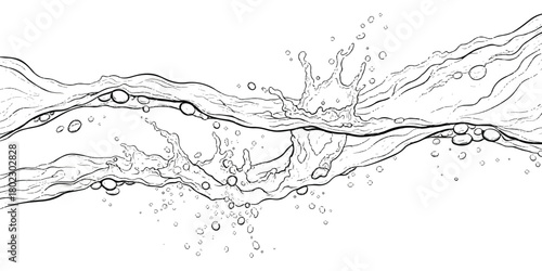 Dynamic liquid wave with splashing water and bubbles in clean line art style
