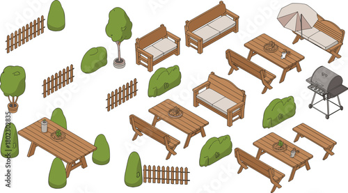 Isometric outdoor garden furniture illustration with wooden benches, tables, fences, sofa, trees, umbrella, and barbecue grill in summer scene