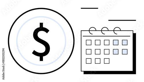 Dollar sign in circle beside grid-style calendar with marked dates. Ideal for budgeting, time management, savings, income, deadlines, payroll, planning. Simple flat metaphor