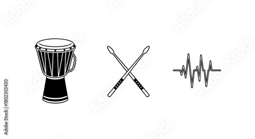 Rhythmic percussion instruments and sound wave symbolize musical beat.