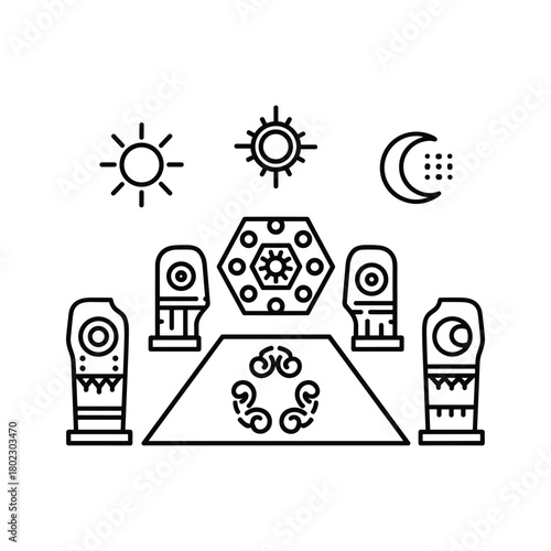 Ancient spiritual tribal symbols icon set featuring sun, moon, totems, and mystical patterns for design projects