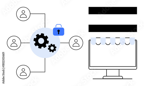 Network of users connected to gears with a lock symbol, representing secure collaboration. A computer screen with electronic indicators. Ideal for technology, teamwork, innovation, security