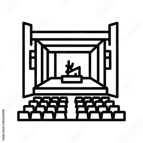 Stage presentation icon with audience seating for public speaking, conferences, and live events venue