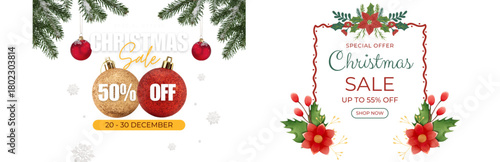 Festive christmas sale announcement with ornaments and discounts, 50% off and 55% off offers.