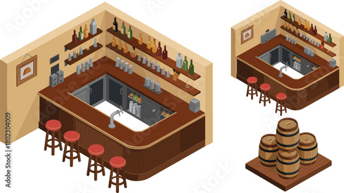 Isometric pub bar interior with stools, beer taps, bottles, wooden counter, and wine barrels, cozy bar design illustration concept