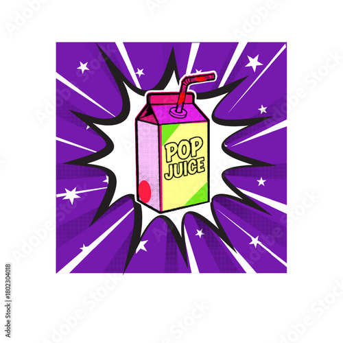 A colorful juice box with a straw in a retro pop art comic style with a halftone effect on a vibrant purple background, vector illustration