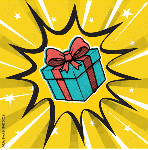 A wrapped gift box with a bow in a retro pop art comic style with a halftone effect on a yellow sunburst background, vector illustration