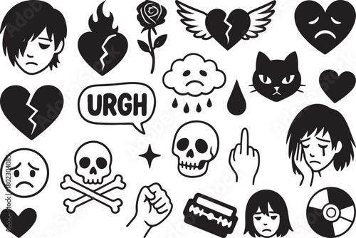 Goth and Emo Teenage Feelings Vector Set – Y2K Aesthetic Stickers and Flash Tattoos.