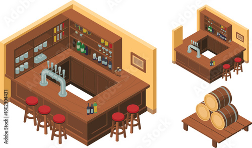 Isometric rustic bar interior with wooden counter, stools, liquor bottles