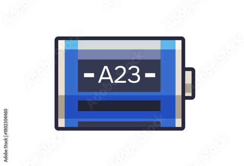 A23 battery icon. Lithium or nickel accumulator for charging electronics with power. Reusable electrical energy cylinder cell for recharging. Flat isolated vector illustration on white background