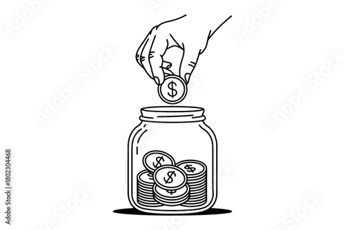 A hand is depositing coins into a glass jar with dollar signs.