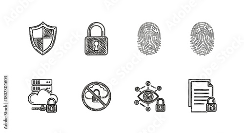 Hand drawn security icons: lock, shield, fingerprint, cloud with lock, eye monitoring, no access, secure document