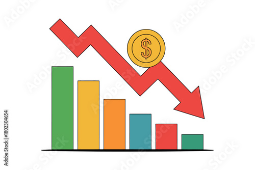 A graph showing a sharp decline in financial value with a downward trending arrow and a dollar coin.