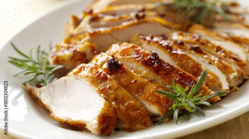 Sliced roasted chicken breast with crispy skin garnished with fresh rosemary sprig. Delicious holiday dinner. Healthy nutritious meal from diet menu.