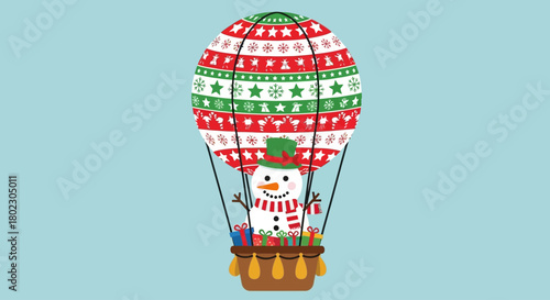 Festive Snowman in Hot Air Balloon with Gifts, Illustration for Christmas and Winter Holidays
