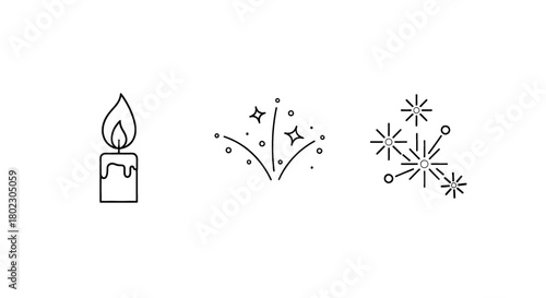 Festive celebration icons: a lit candle and two styles of fireworks