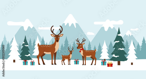 A festive winter scene featuring a family of deer adorned with holiday gifts and surrounded by snow-covered trees and majestic mountains