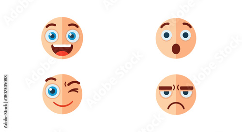 Set of cartoon emoji faces with different expressions and emotions in flat design