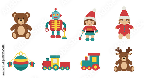 Collection of colorful flat design Christmas and vintage toys including a teddy bear, robot, nutcracker, baby doll, bauble, train, and reindeer