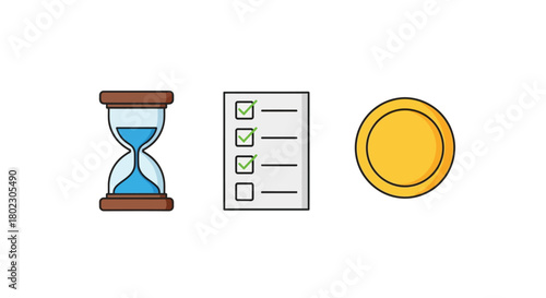 Time management concept with hourglass checklist and gold coin icons