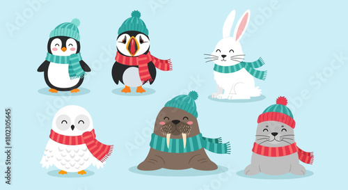 Cute Winter Animals Cartoon Collection A Whimsical Gathering of Arctic and Snowy Creatures Adorned in Cozy Winter Attire
