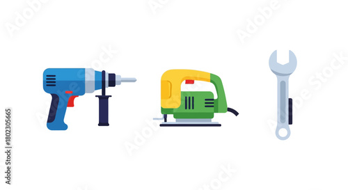 Flat style power tools collection: drill, jigsaw, wrench on white background