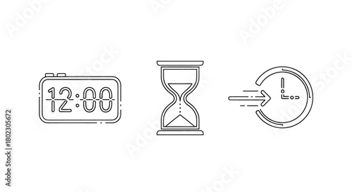 Timekeeping icons: digital clock, hourglass, and countdown timer symbolizing urgency and passage.