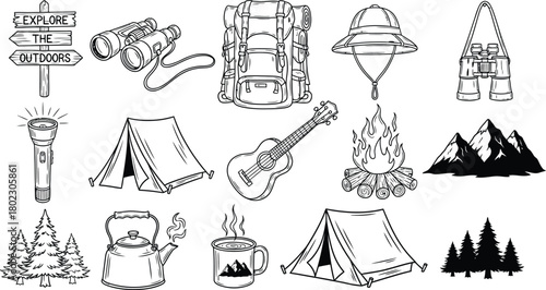 Collection of hand drawn outdoor adventure and camping elements including tents backpacks and mountains